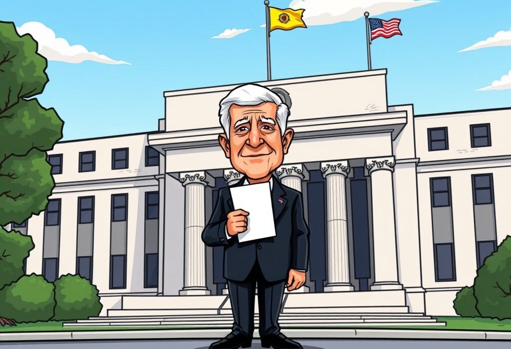 Cartoon depicting a former US President making a crucial Trump Fed Nominee decision, symbolizing the impact on the Federal Reserve and economic policy.