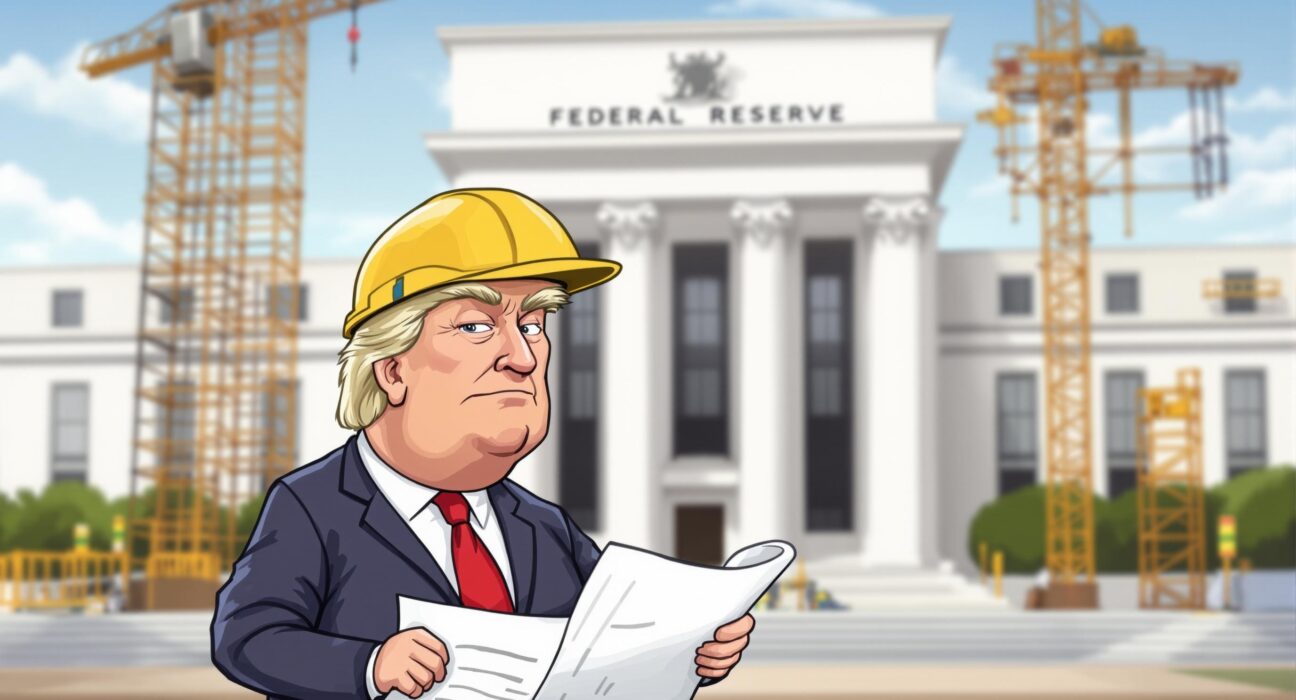 Cartoon illustration of Donald Trump inspecting the Federal Reserve, symbolizing the significance of the Trump Fed visit and its economic implications.