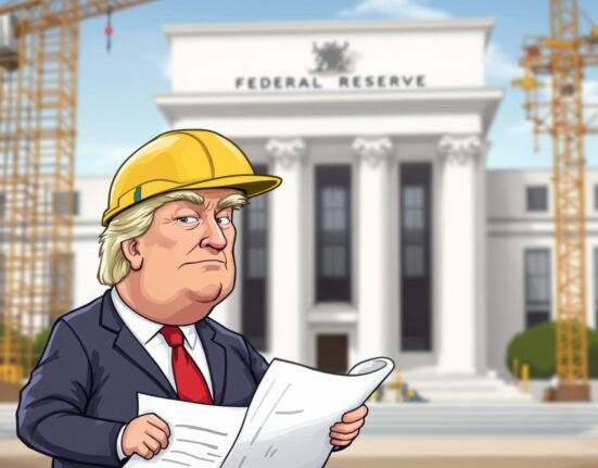 Cartoon illustration of Donald Trump inspecting the Federal Reserve, symbolizing the significance of the Trump Fed visit and its economic implications.