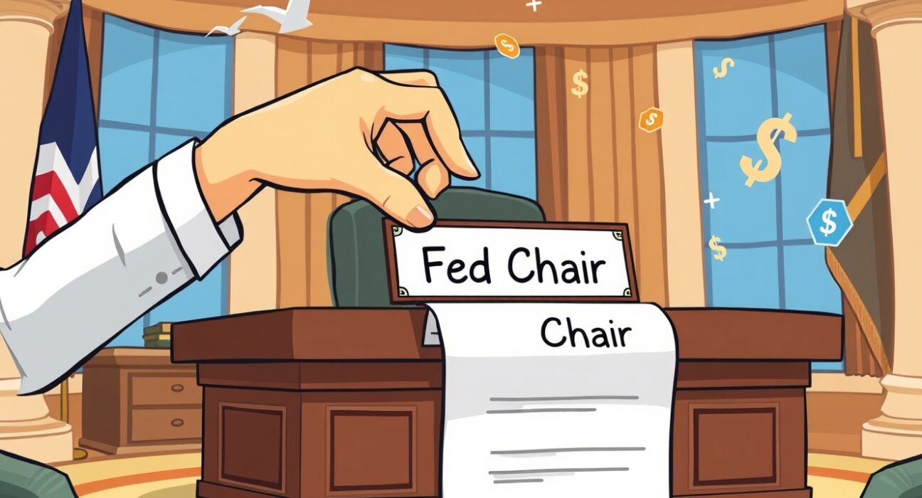 Symbolic cartoon of Federal Reserve Chair nomination process with economic charts