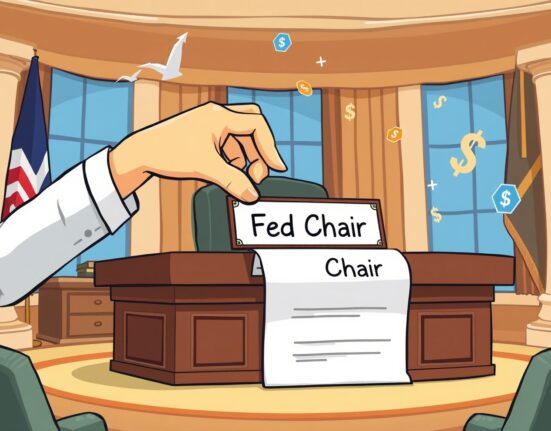 Symbolic cartoon of Federal Reserve Chair nomination process with economic charts