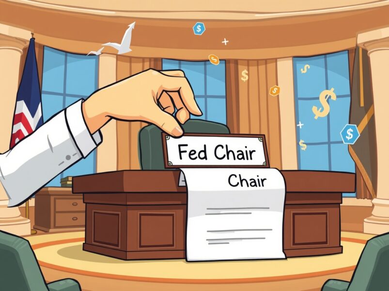 Symbolic cartoon of Federal Reserve Chair nomination process with economic charts