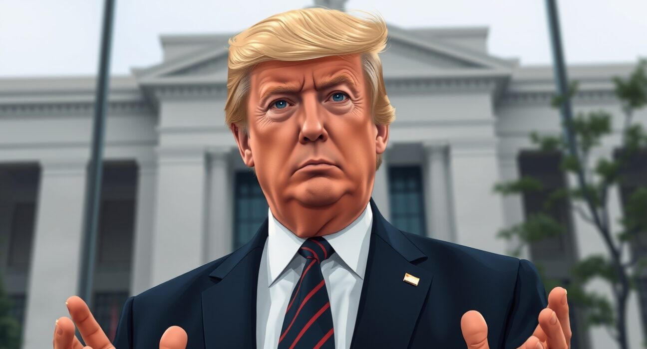 President Donald Trump discussing Federal Reserve interest rate policy with serious concern.