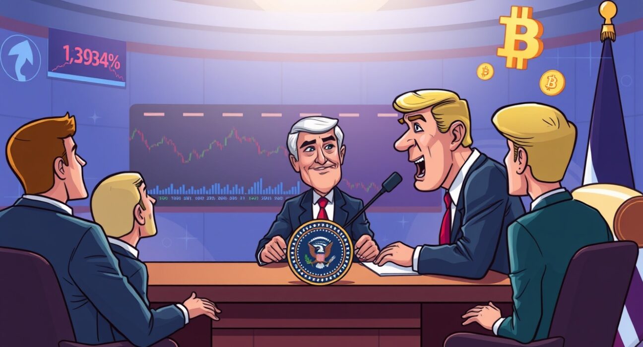 Cartoon illustration of the crucial Federal Reserve Chair selection process impacting financial markets.