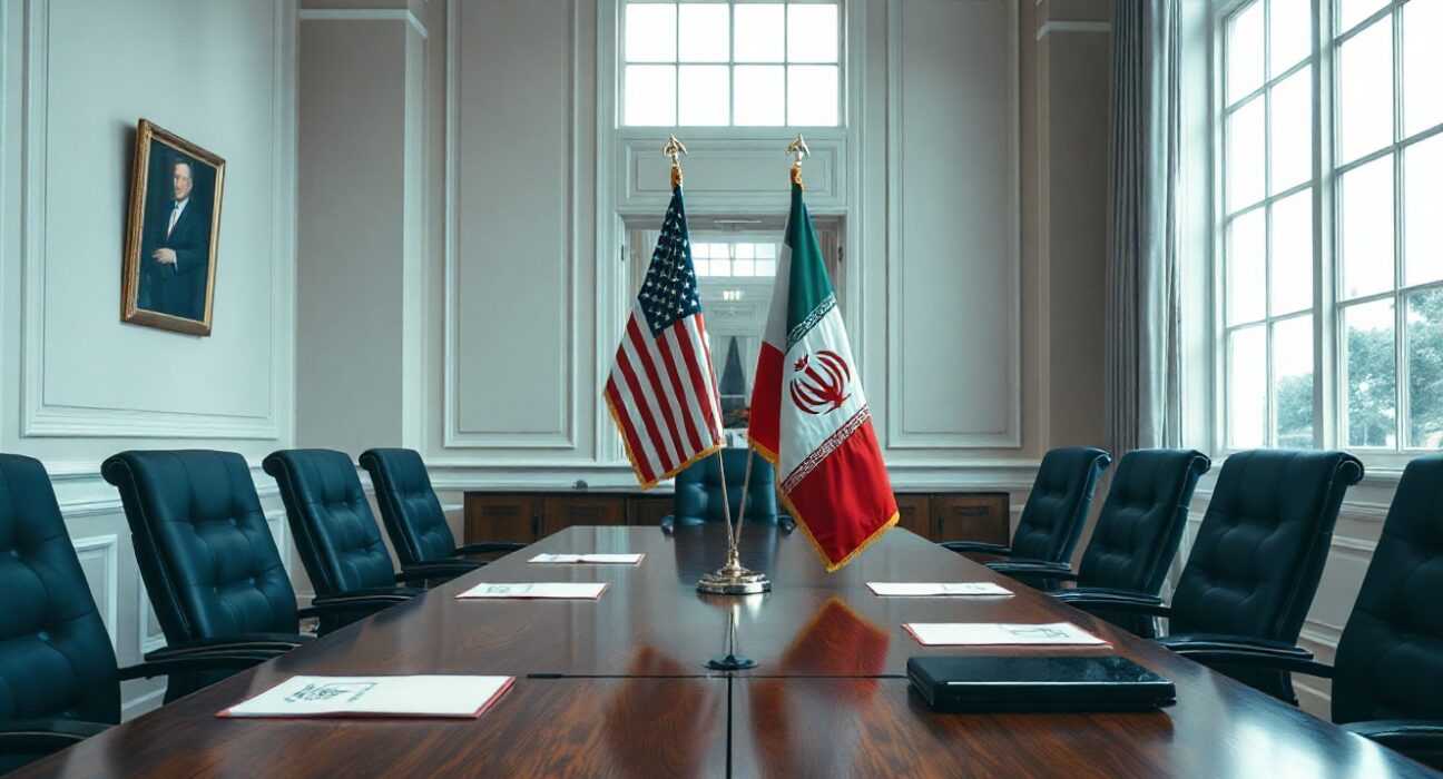 Empty negotiation table with US and Iranian flags in a bright diplomatic meeting room