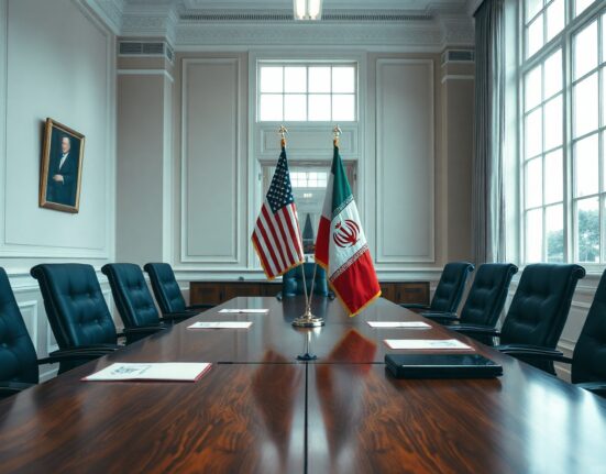 Empty negotiation table with US and Iranian flags in a bright diplomatic meeting room
