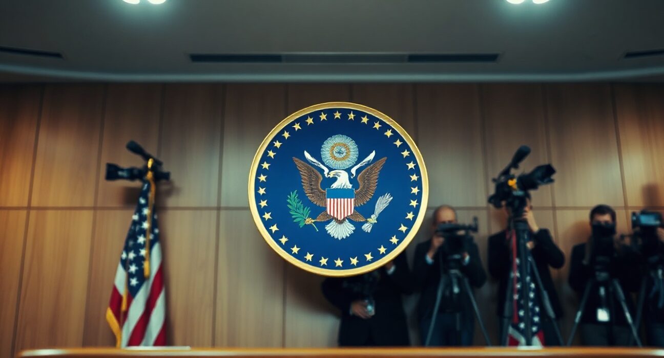 US government seal in a press briefing room, representing the Trump administration's policy on Iran.
