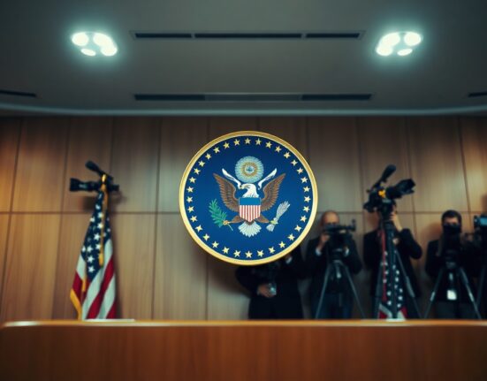 US government seal in a press briefing room, representing the Trump administration's policy on Iran.