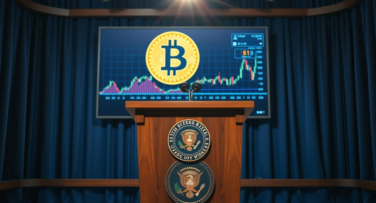 Presidential podium with Bitcoin logo on screen in newsroom setting