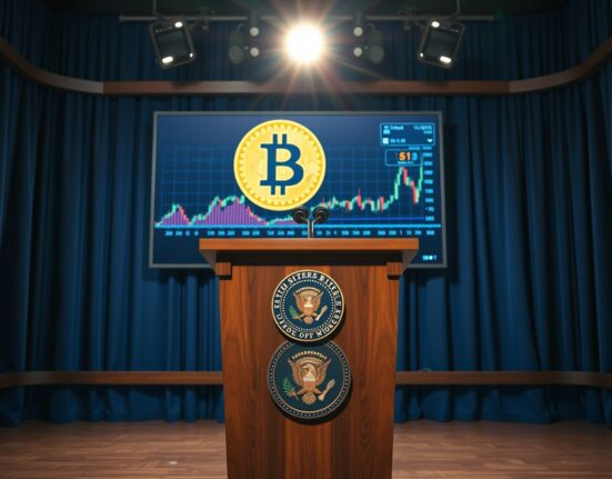 Presidential podium with Bitcoin logo on screen in newsroom setting