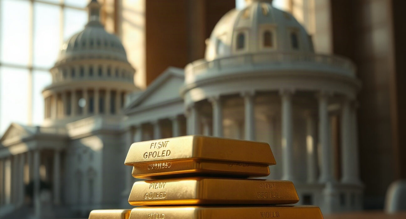 Gold bars with the U.S. Capitol in the background, symbolizing potential government gold revaluation.