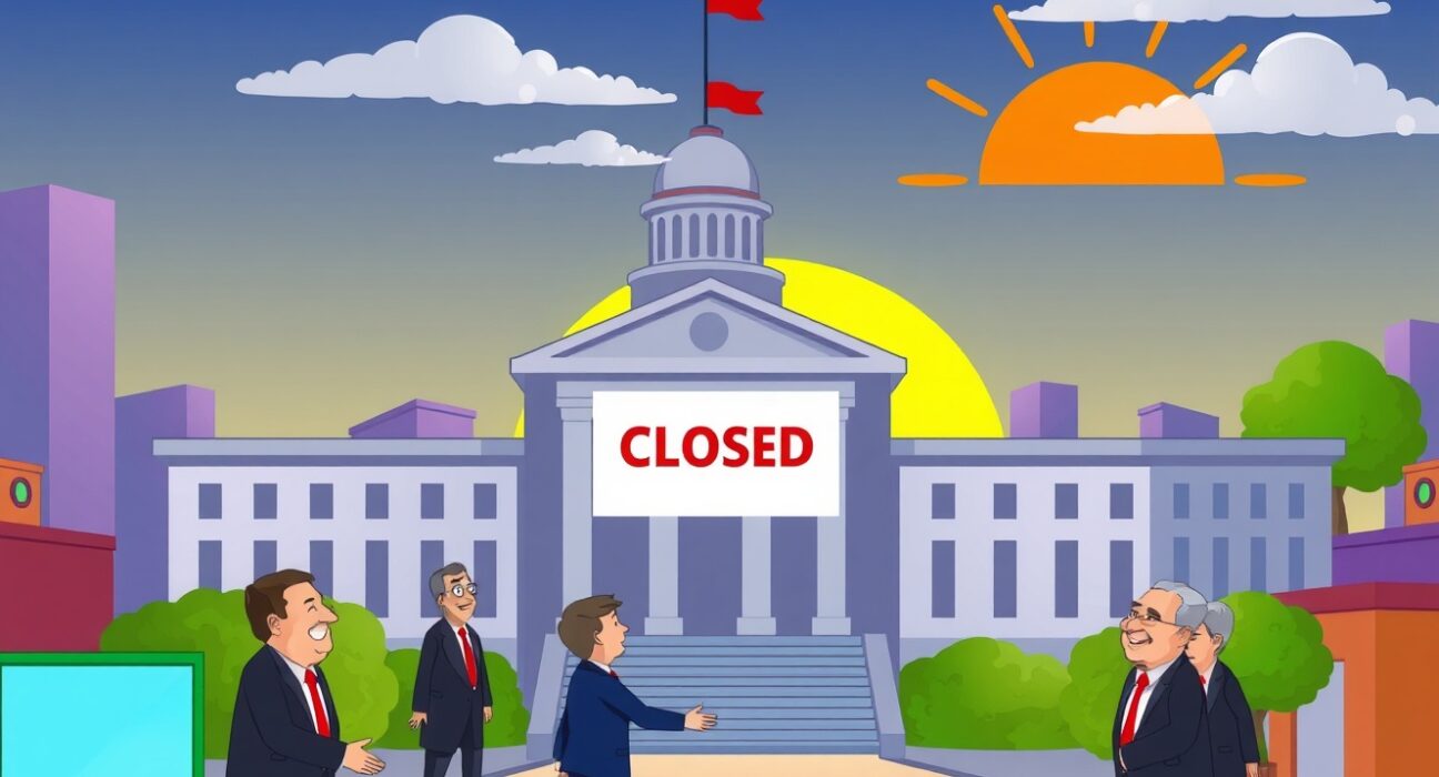 Hopeful cartoon scene of government shutdown resolution with politicians and a sunrise