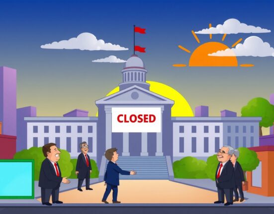 Hopeful cartoon scene of government shutdown resolution with politicians and a sunrise