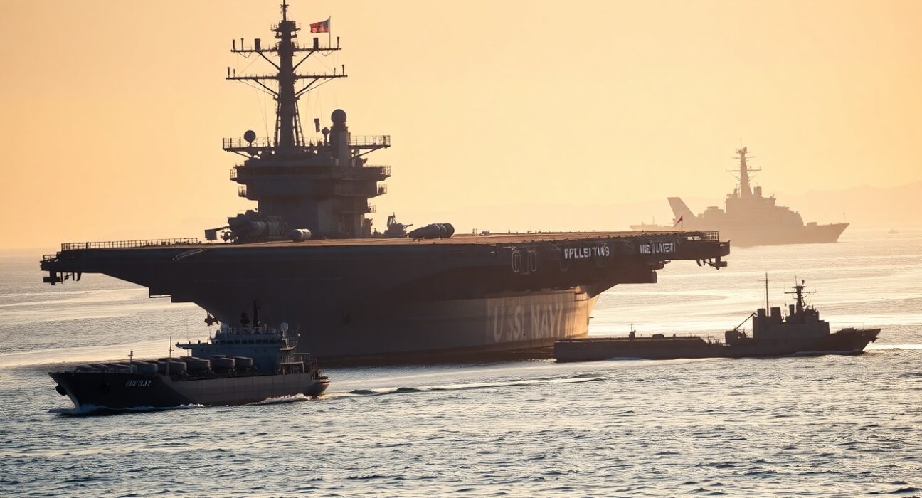 US Navy aircraft carrier patrolling the Strait of Hormuz at dawn