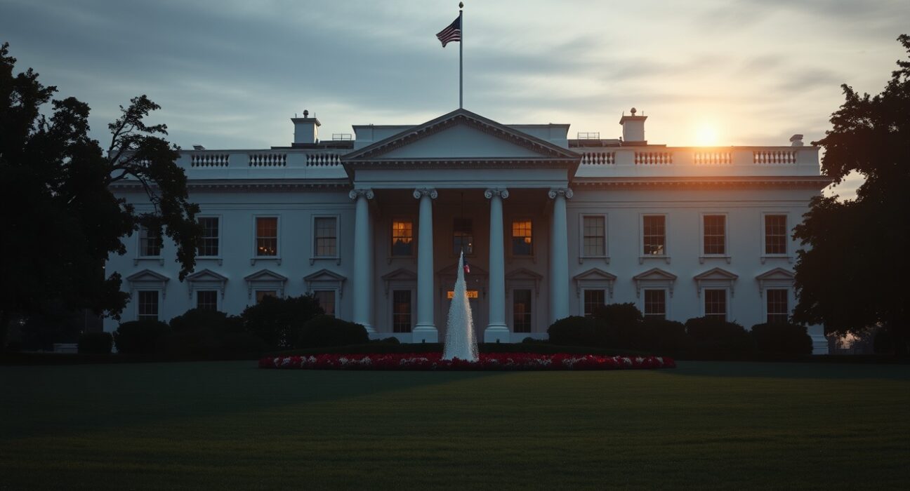 White House at dusk, symbolizing US diplomatic decision-making on Iran attack halt.