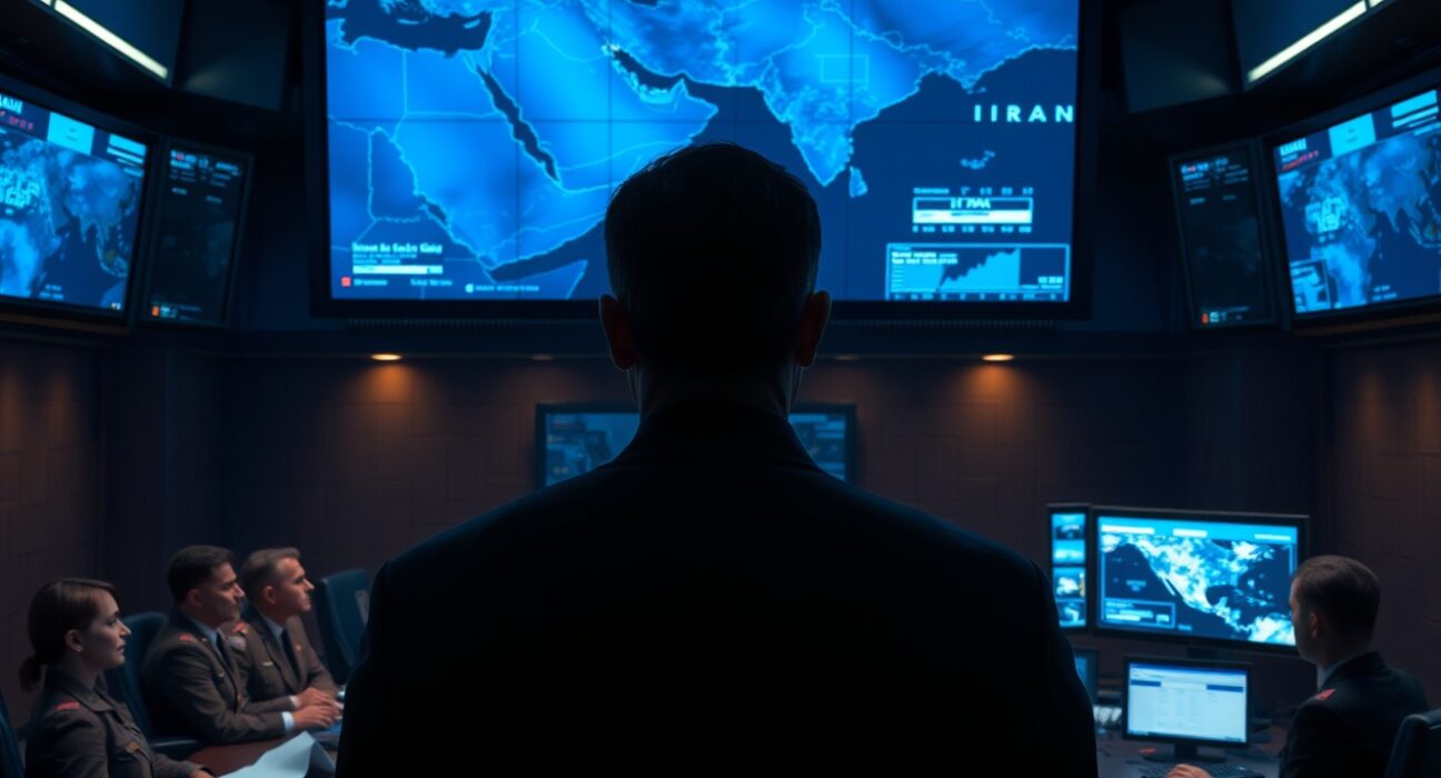 U.S. military officials in a dimly lit situation room reviewing a digital map of the Middle East, with focus on Iran.