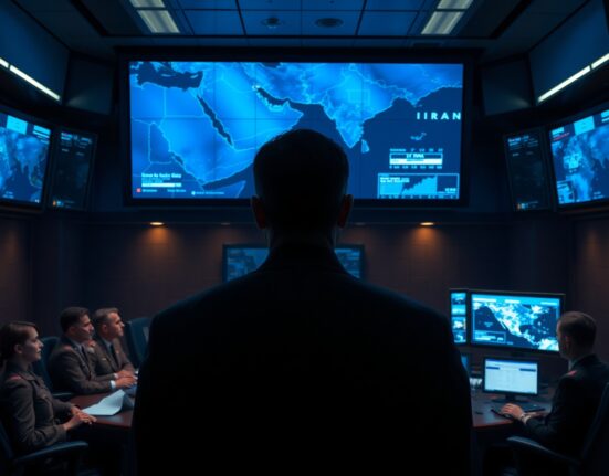 U.S. military officials in a dimly lit situation room reviewing a digital map of the Middle East, with focus on Iran.