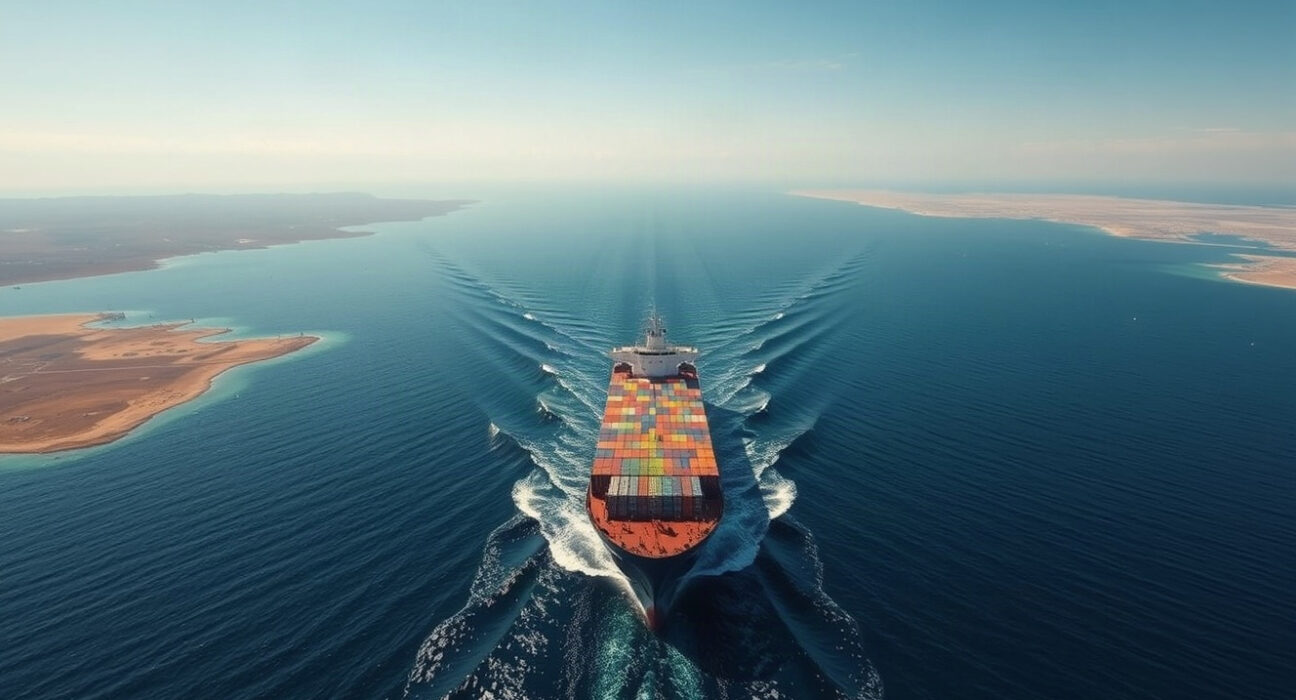 Aerial view of a cargo ship transiting the Strait of Hormuz, with arid coastlines on both sides.