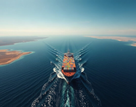 Aerial view of a cargo ship transiting the Strait of Hormuz, with arid coastlines on both sides.