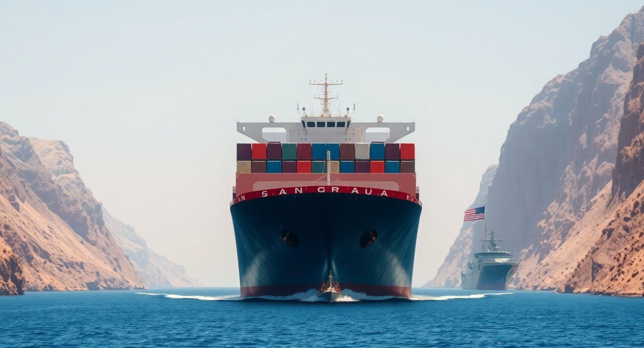 A large cargo ship transits the Strait of Hormuz under US guidance amid geopolitical tensions, representing the Trump administration's new maritime policy.
