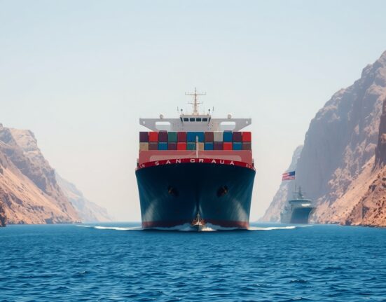 A large cargo ship transits the Strait of Hormuz under US guidance amid geopolitical tensions, representing the Trump administration's new maritime policy.