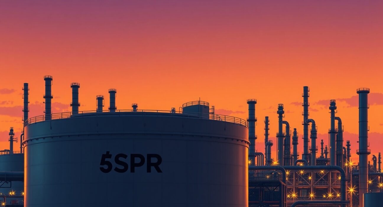 Strategic Petroleum Reserve storage tank at refinery illustrating IEA oil release decision and impact on markets