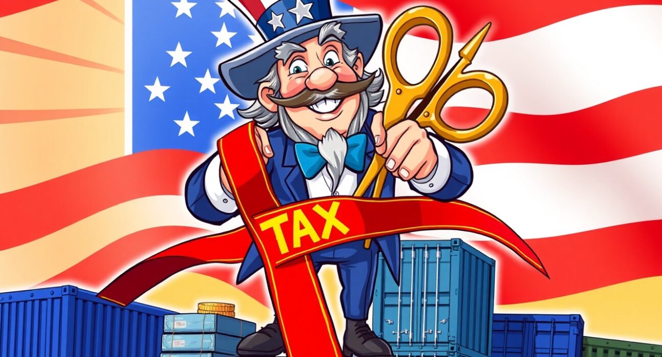 Trump's revolutionary income tax cut plan using tariff revenue illustrated as ribbon-cutting ceremony