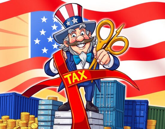 Trump's revolutionary income tax cut plan using tariff revenue illustrated as ribbon-cutting ceremony