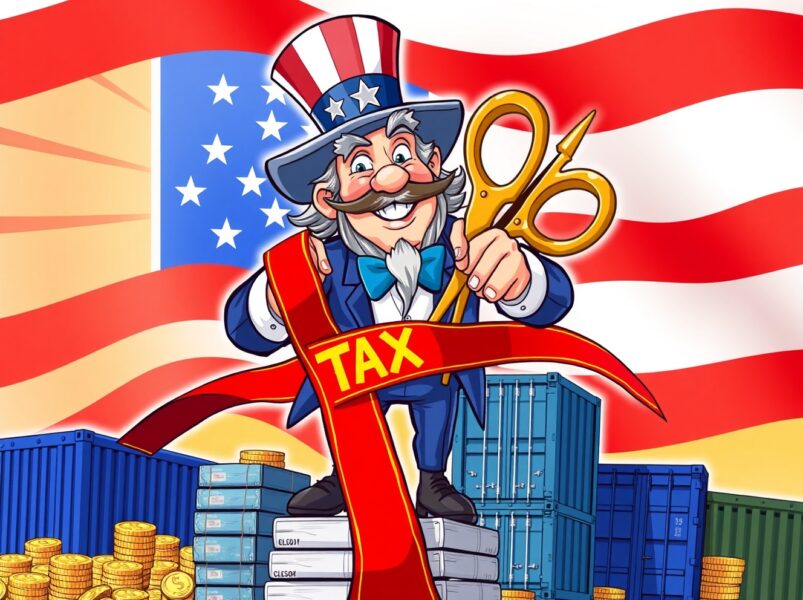 Trump's revolutionary income tax cut plan using tariff revenue illustrated as ribbon-cutting ceremony