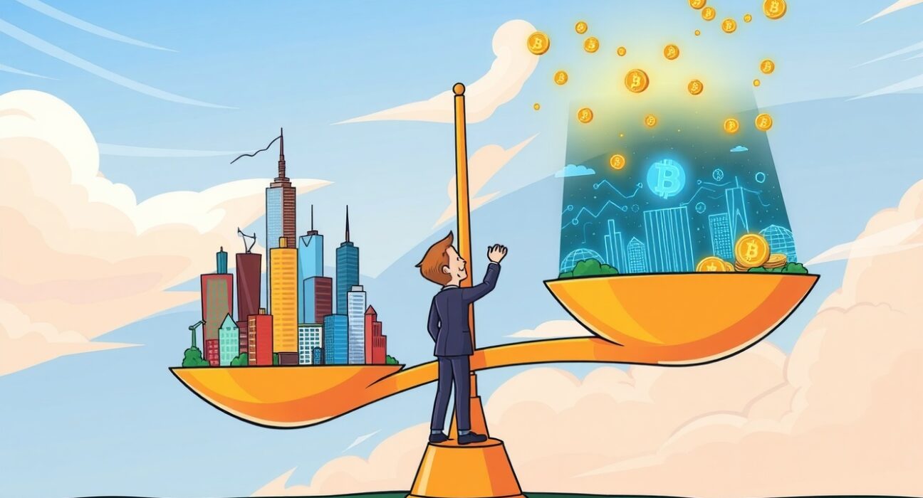 A cartoon illustration depicting the balance between traditional economy and digital markets influenced by low interest rates.