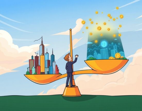 A cartoon illustration depicting the balance between traditional economy and digital markets influenced by low interest rates.