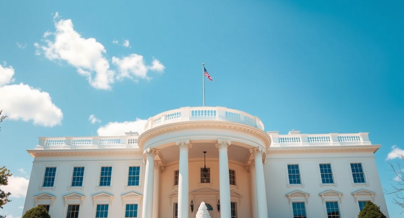 White House exterior on a sunny day, representing US diplomatic engagement with China.