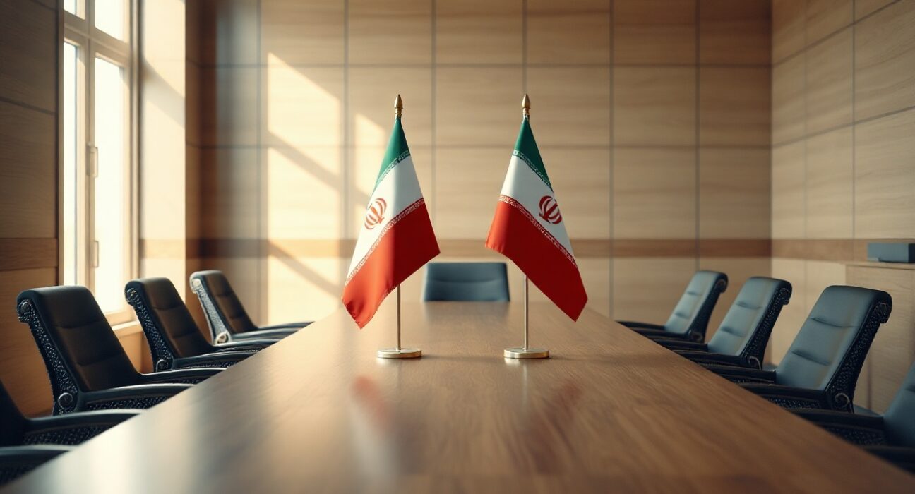 Diplomatic meeting room with US and Iran flags on table