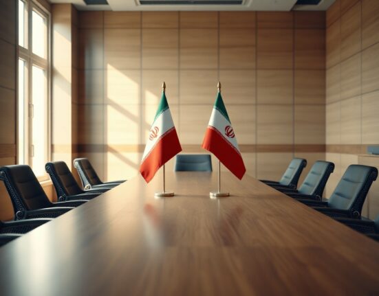 Diplomatic meeting room with US and Iran flags on table