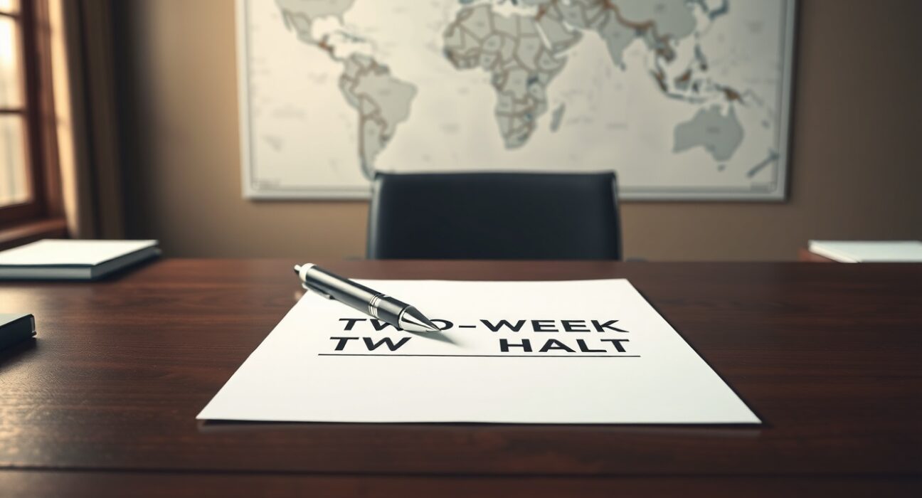 Symbolic representation of the Trump administration's two-week halt on Iran airstrikes decision.