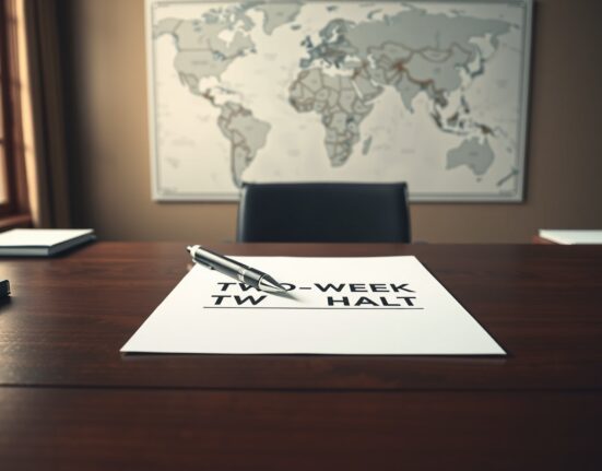 Symbolic representation of the Trump administration's two-week halt on Iran airstrikes decision.