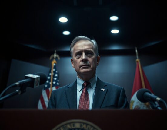 US official at podium during a security briefing on Iran tensions