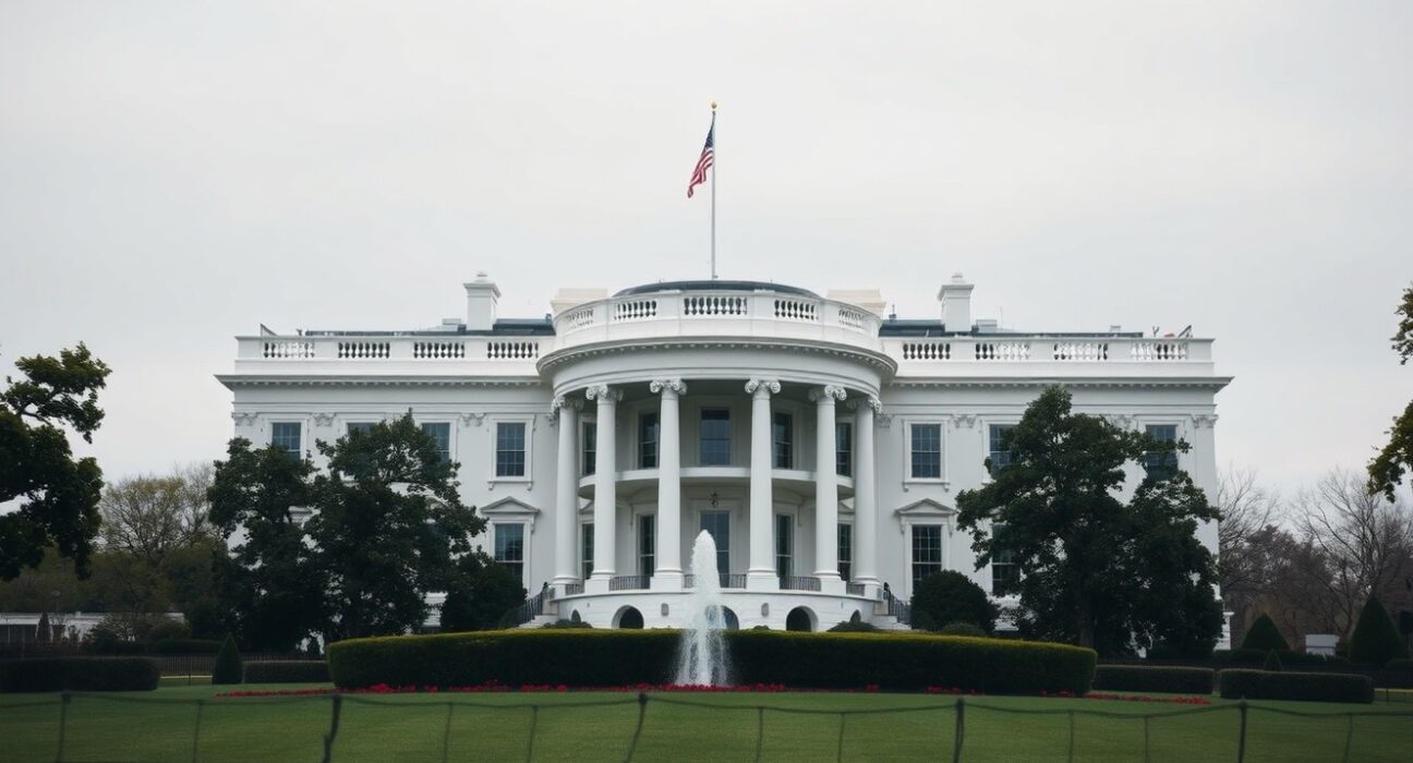 White House exterior on a cloudy day, representing the setting of Trump's statement on Iran.