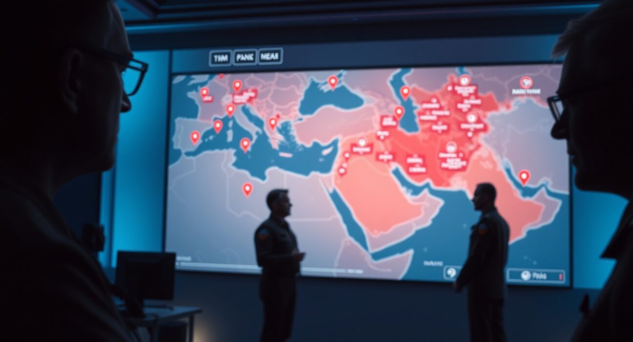 US military officials in a dimly lit command center with a digital map of the Middle East