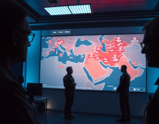 US military officials in a dimly lit command center with a digital map of the Middle East