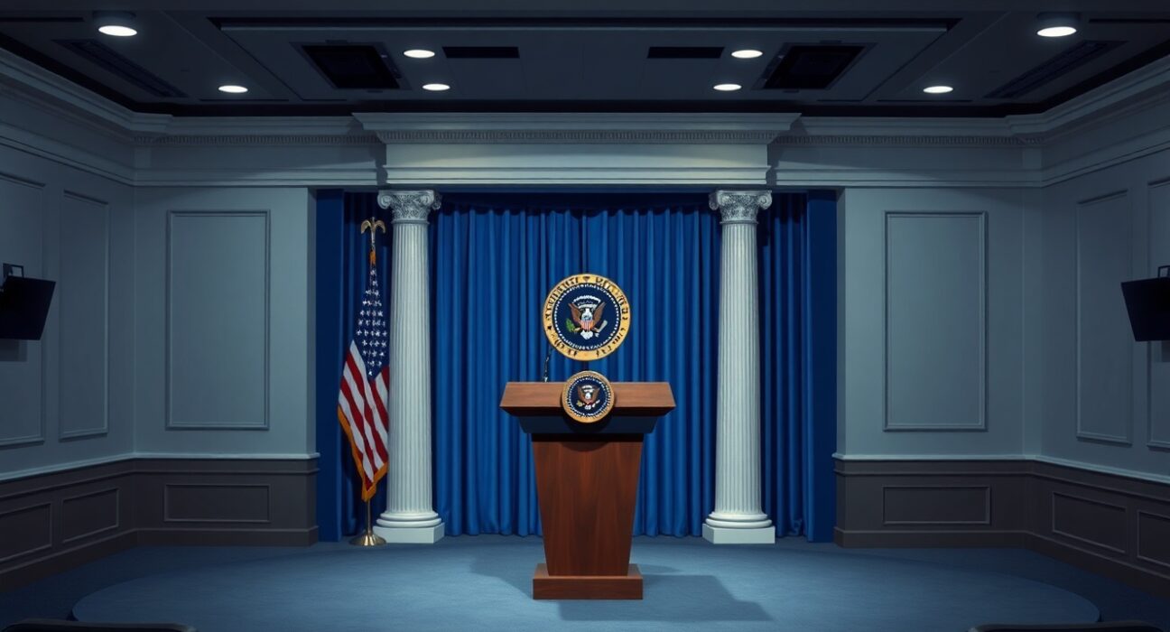 The White House briefing room prepared for President Trump's critical update on Iran operations.