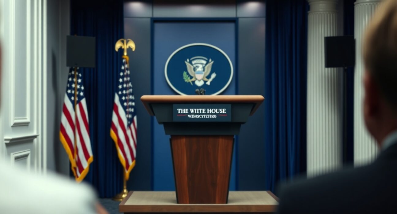 White House press briefing podium with presidential seal under even lighting, representing a presidential statement on Iran.
