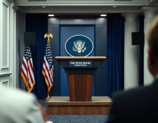 White House press briefing podium with presidential seal under even lighting, representing a presidential statement on Iran.