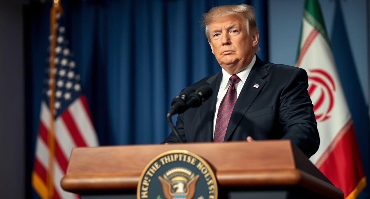 President Donald Trump at White House podium discussing the Iran ceasefire agreement, signaling potential policy shift.