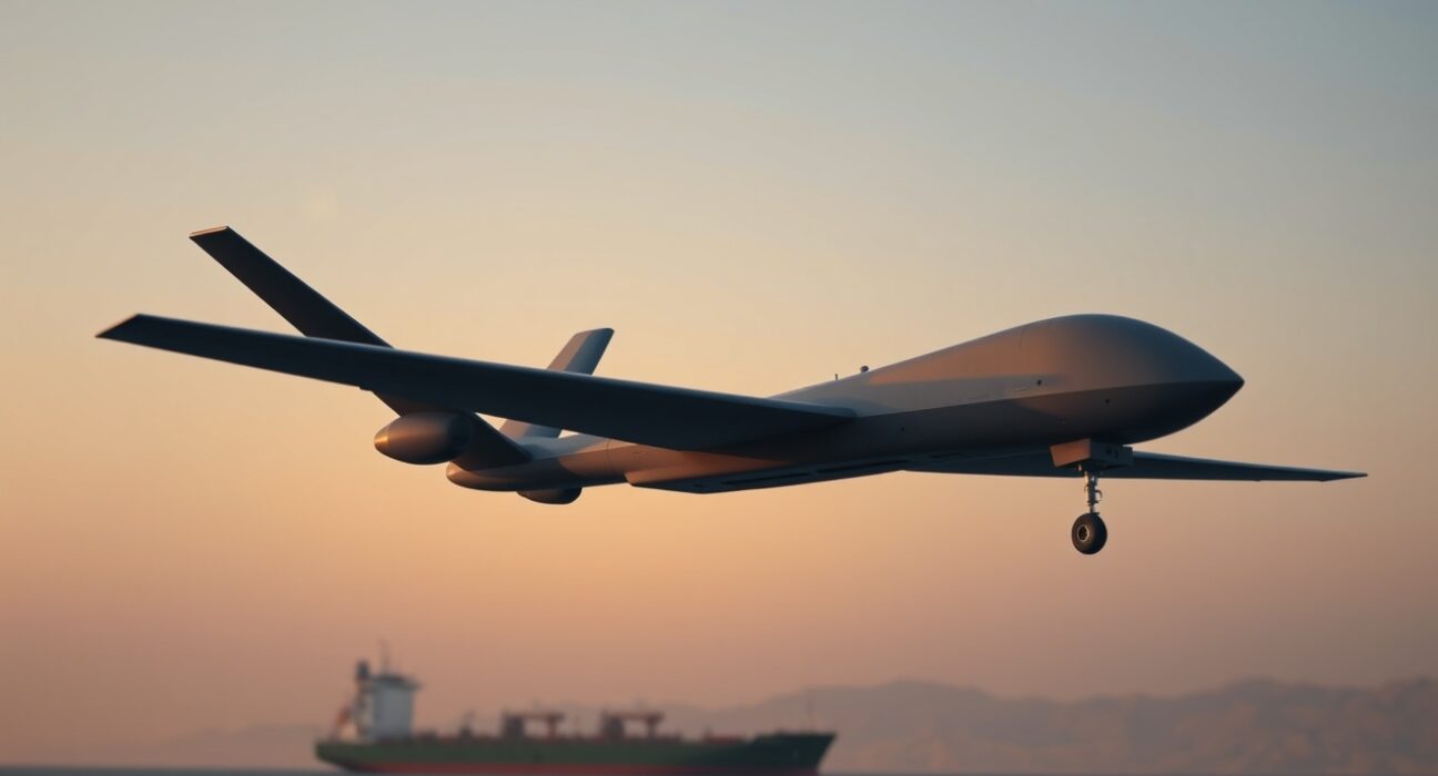 Military drone flying over the Strait of Hormuz near an oil tanker at sunset.