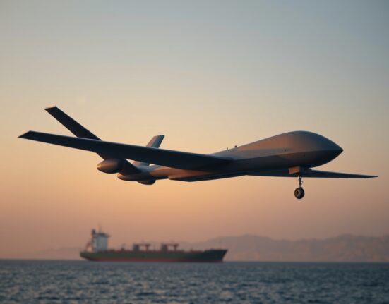 Military drone flying over the Strait of Hormuz near an oil tanker at sunset.