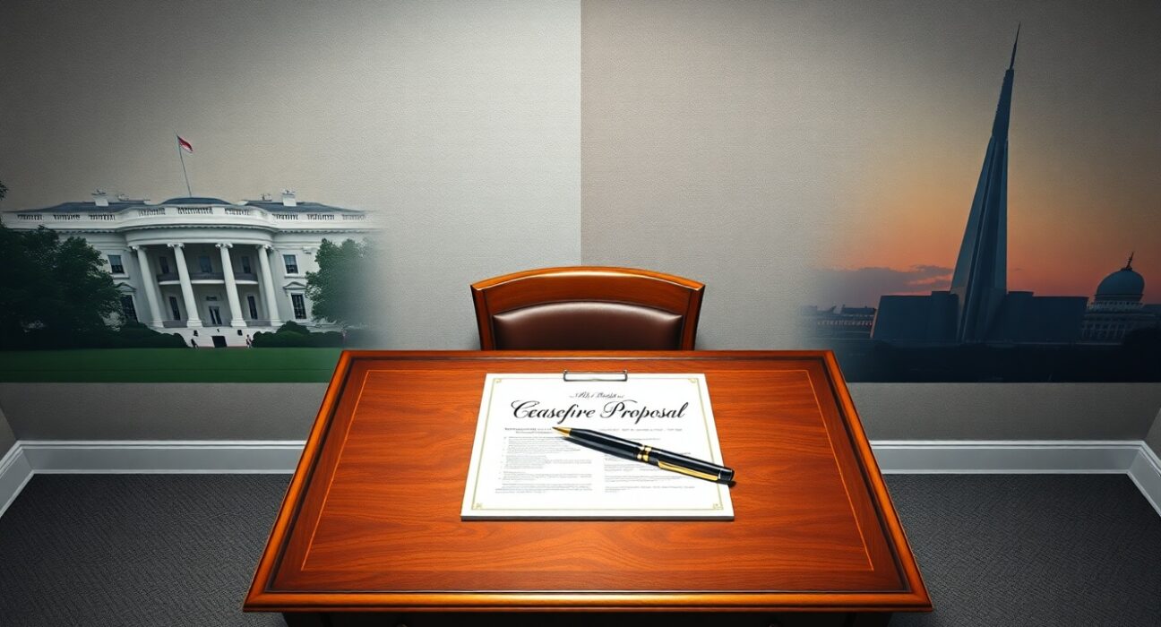 Symbolic representation of a diplomatic ceasefire proposal between the US and Iran on a desk.