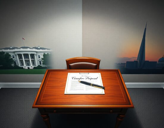 Symbolic representation of a diplomatic ceasefire proposal between the US and Iran on a desk.