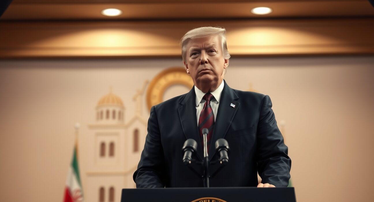 President Trump addressing allegations of Iran ceasefire violations during a press briefing.