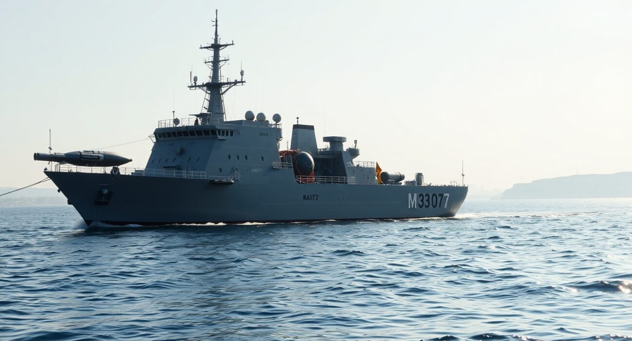 Mine countermeasures vessel conducting operations in the Strait of Hormuz following Trump's announcement on Iran sea mines.